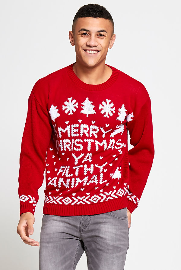 Red Mens Merry Christmas Filthy Animal Christmas Jumper