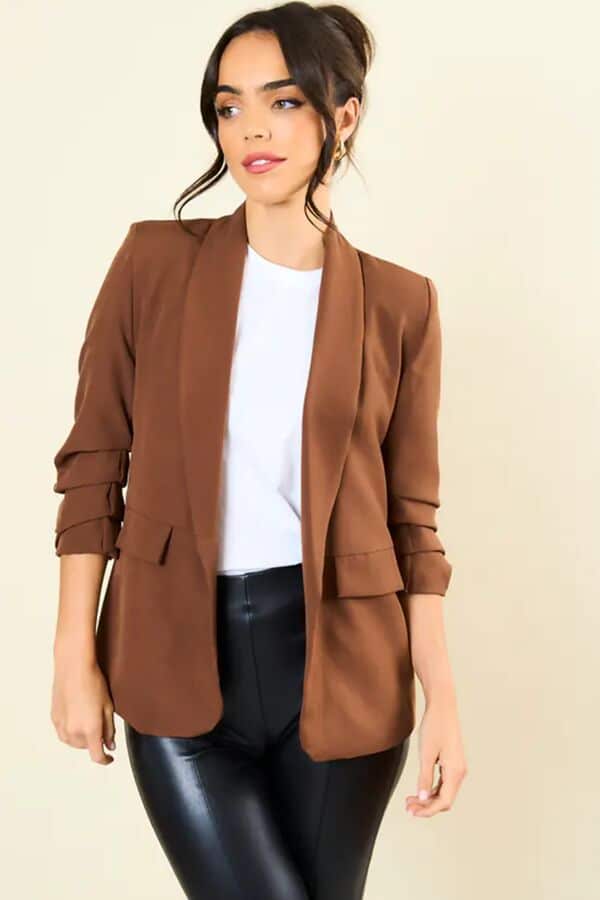 Chocolate Ruched Sleeve Blazer