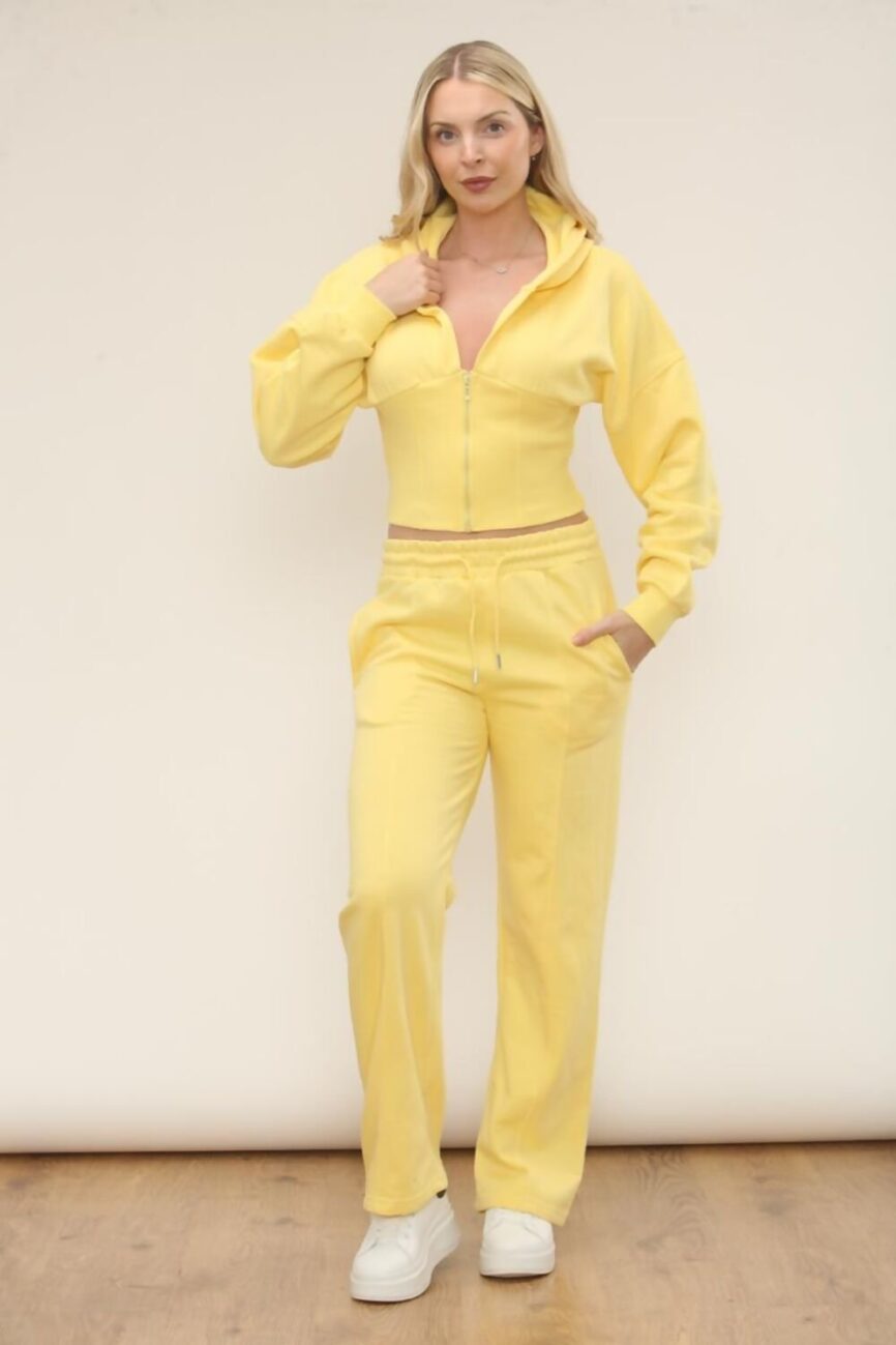 Yellow Ribbed Corset Fit Hoodie With Straight Leg Trouser