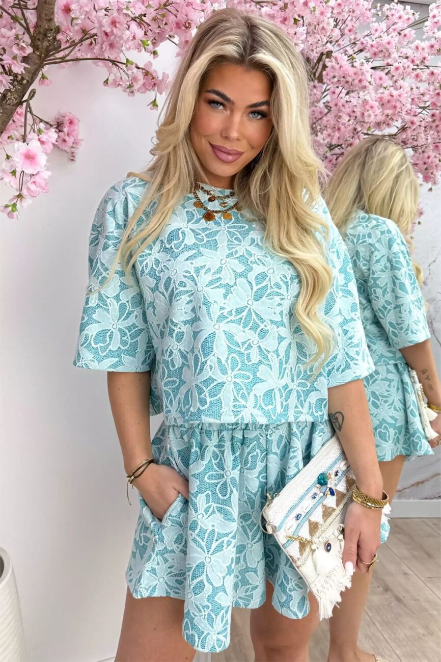 Floral Lace Embroidered Crop Top With Short Set