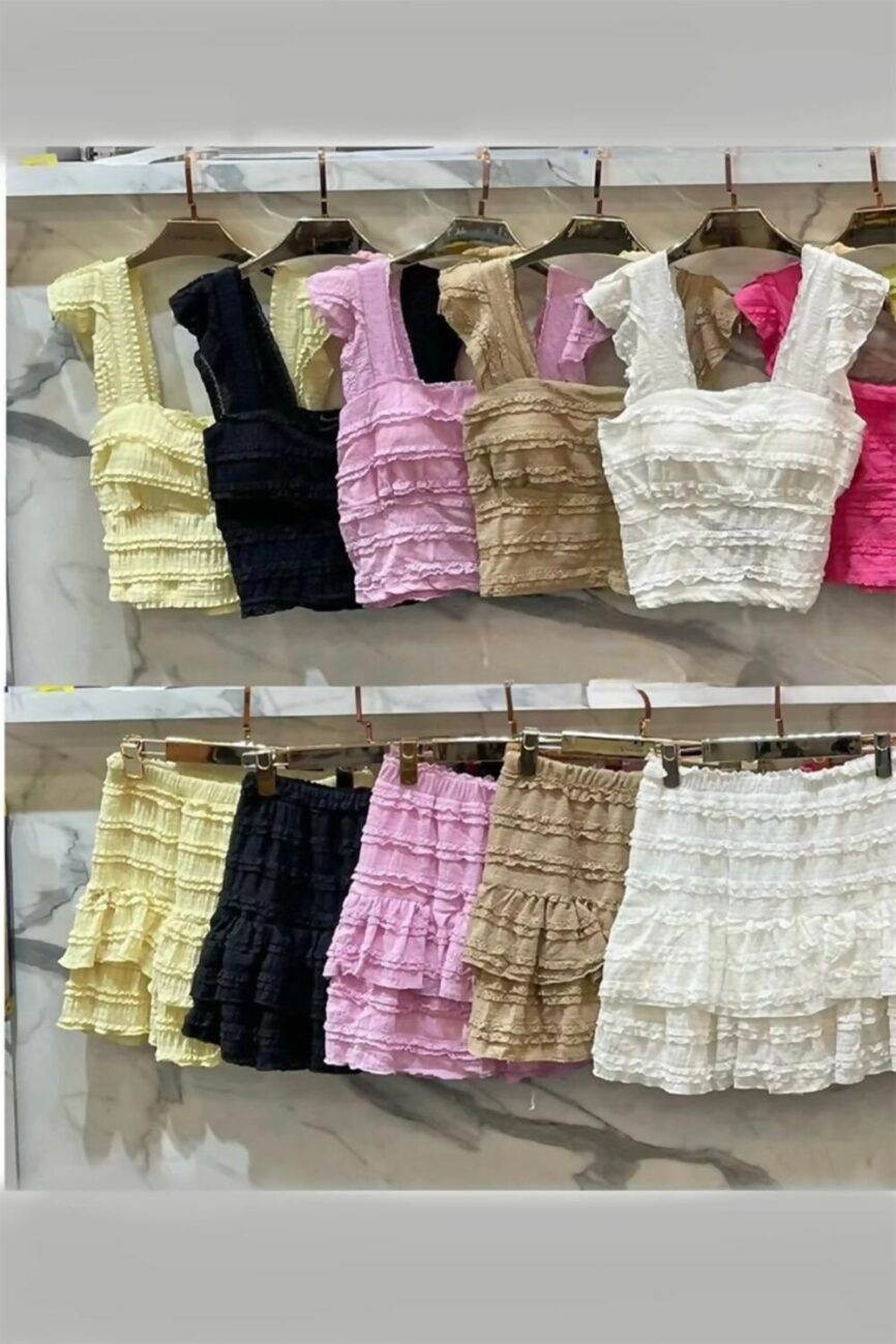 Ruffle Textured Sleeveless Crop Top With Short Set