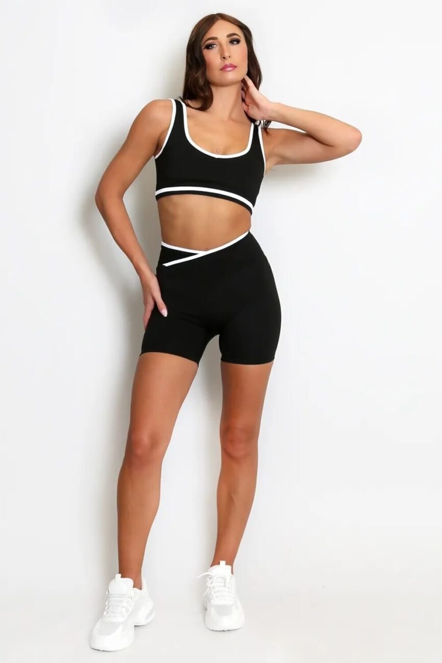 Black Contrast Sculpt Crop Top And Short Gym Set