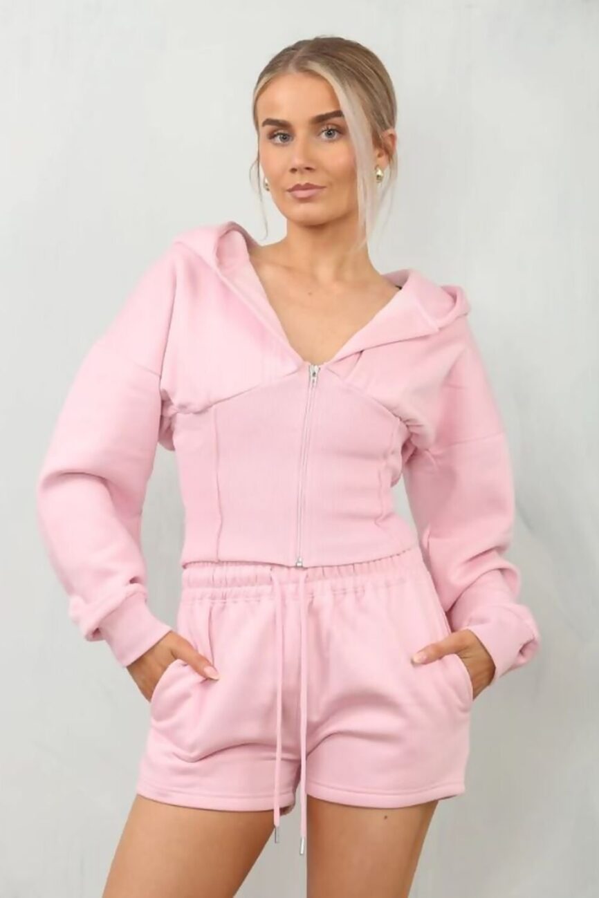 Baby Pink Ribbed Corset Fit Hooded Short Set