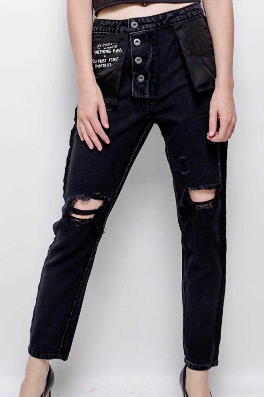 Black Distressed Reversible With Fly Buttoned Jeans