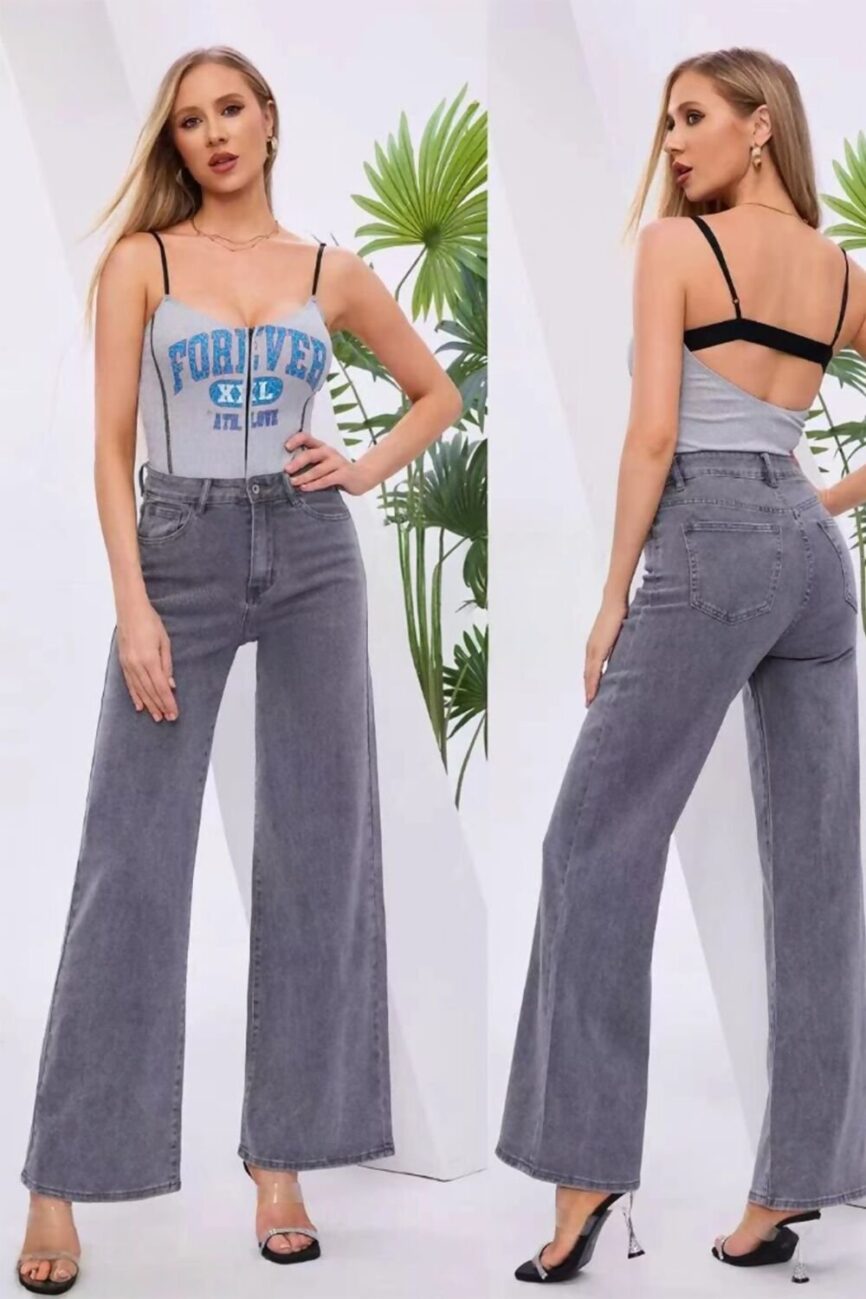 Grey Straight Leg High Rise Jeans