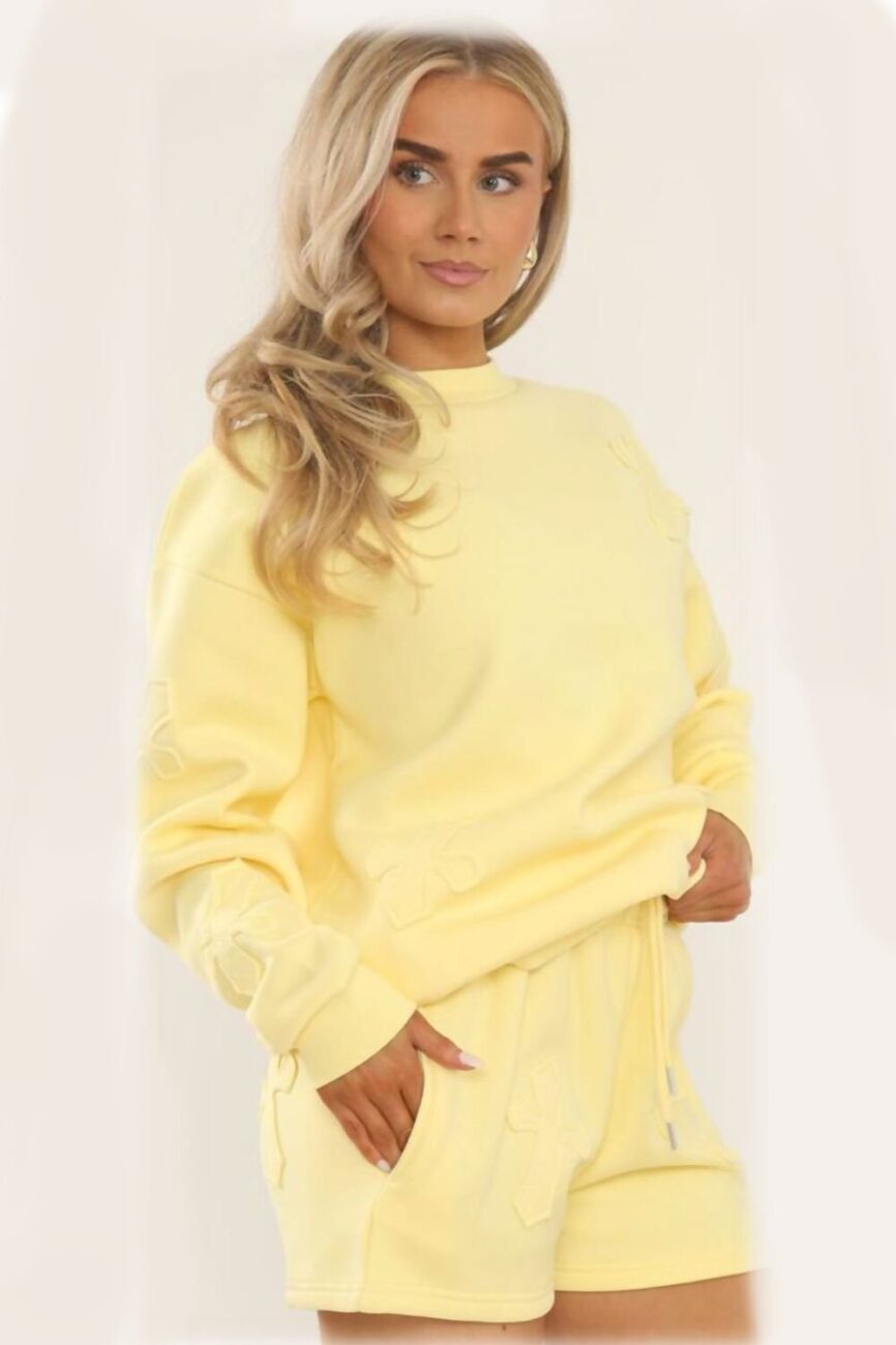 Yellow Embossed Cross Patch Sweatshirt And Shorts Set