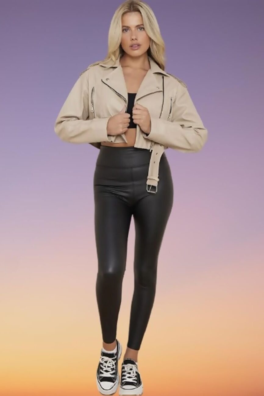 Beige Faux Leather Cropped Belted Biker Jacket
