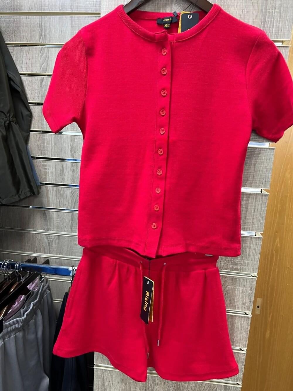 Red Ribbed Button-Front Crop Top With Drawstring Shorts Set - Image 4